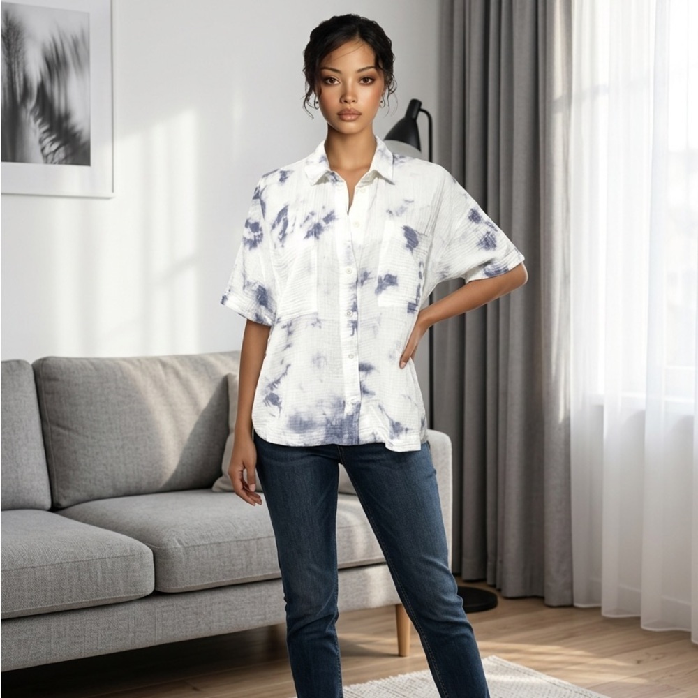 Madewell Lightspun Beachside Tie Dye Gauzy Cotton Button Shirt Women’s Large EUC